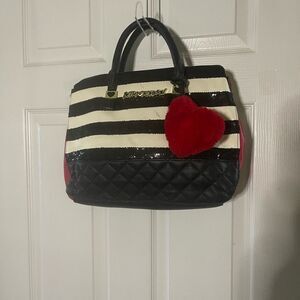 Betsey Johnson Synthetic Black sequins and White Striped  satchel red accents